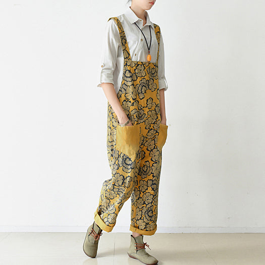 2021 autumn yellow print jumpsuits cotton pants oversize casual fall outfits