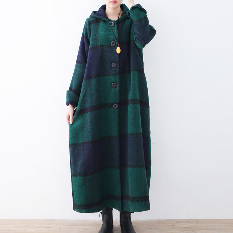 2021 green woolen coat casual trench coat plaid long coats hooded