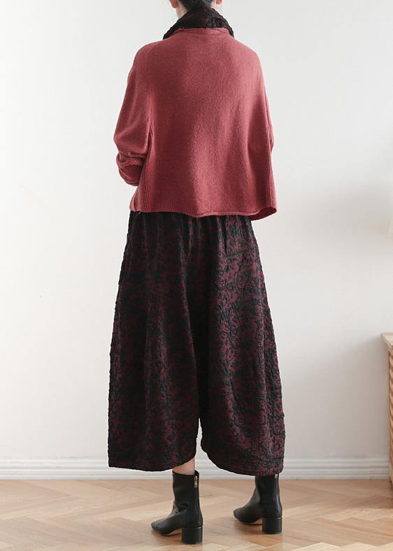 2019 autumn and winter literary wide leg pants large size jacquard retro nine points red pants