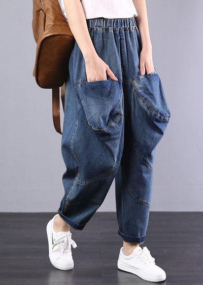 2019 autumn old casual pants big pockets denim blue harem pants