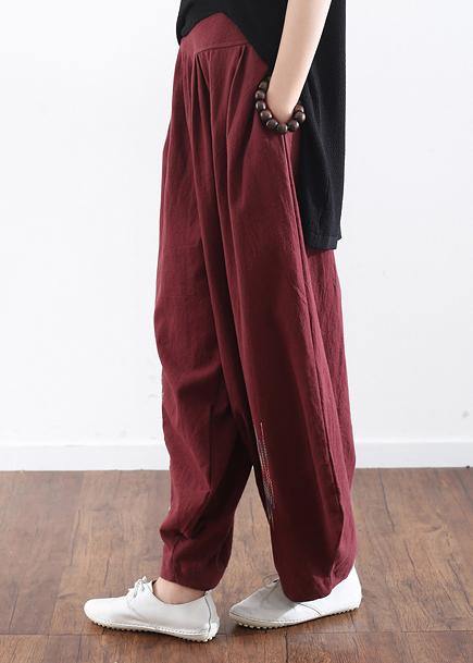 2019 burgundy cotton linen wide leg pant plus size traveling pants