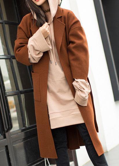 2019 plus size medium length coat Notched coat brown tie waist side open Woolen Coat Women