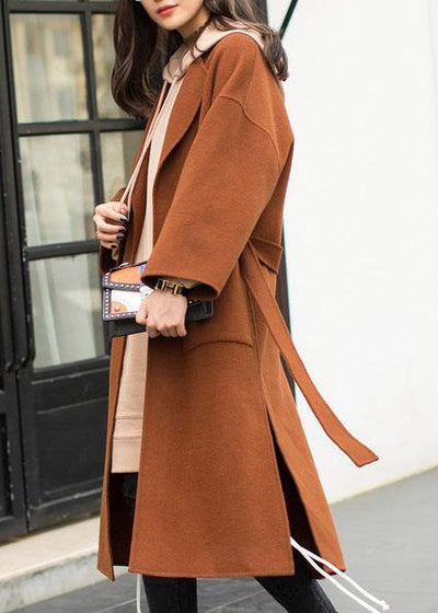 2019 plus size medium length coat Notched coat brown tie waist side open Woolen Coat Women