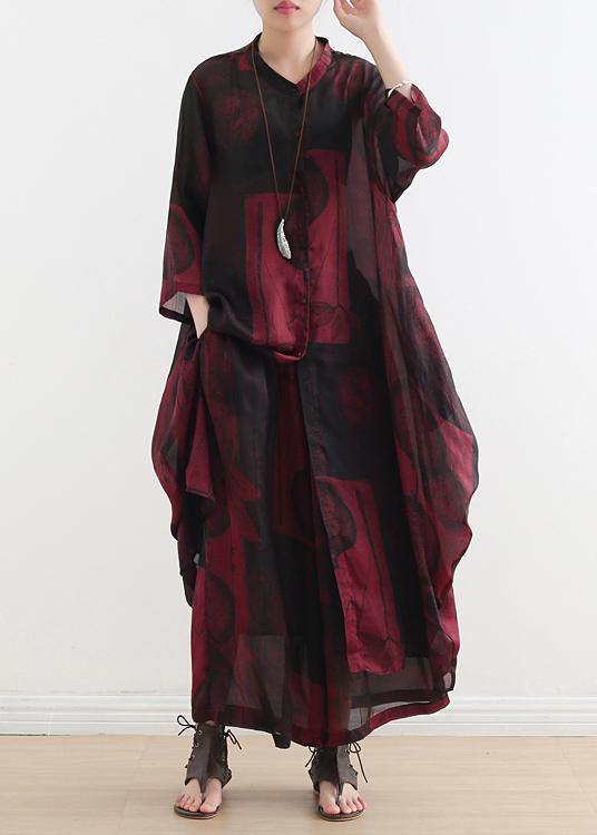 2022 fashion suit large size was thin red printed chiffon female wide-leg pants two-piece suit