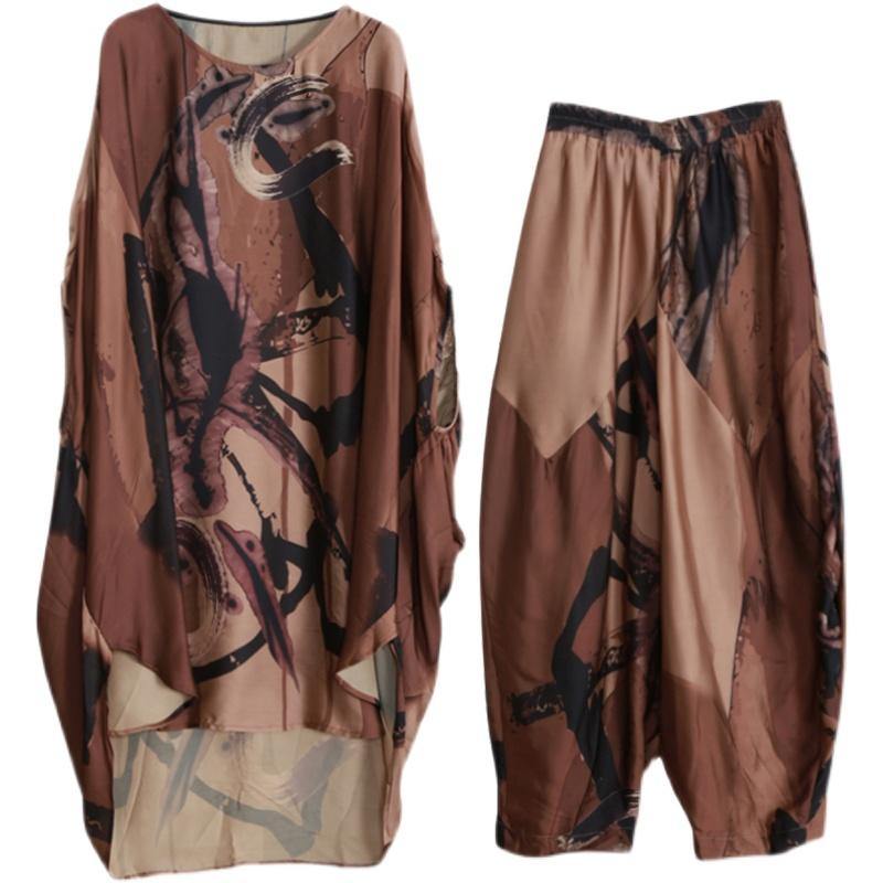 2021 Large Loose Silk Two Piece Suit Women's Irregular Personality Bat Sleeve Casual Suit