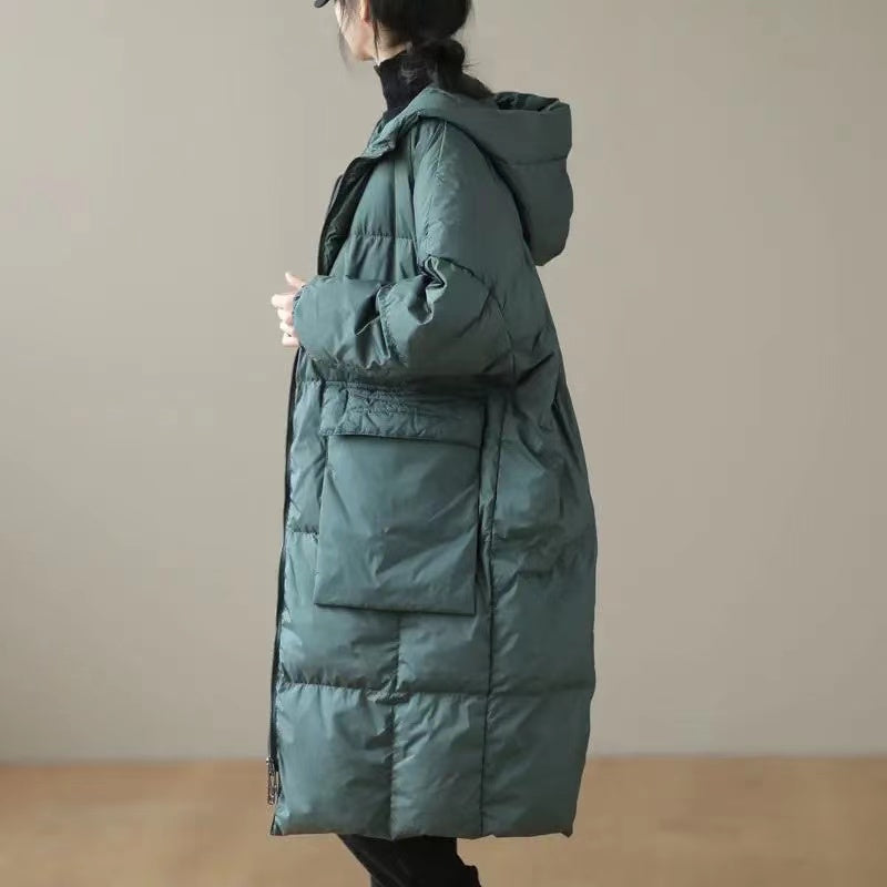 Plus Size Green hooded Zippered Pockets Winter Down Coat Long sleeve