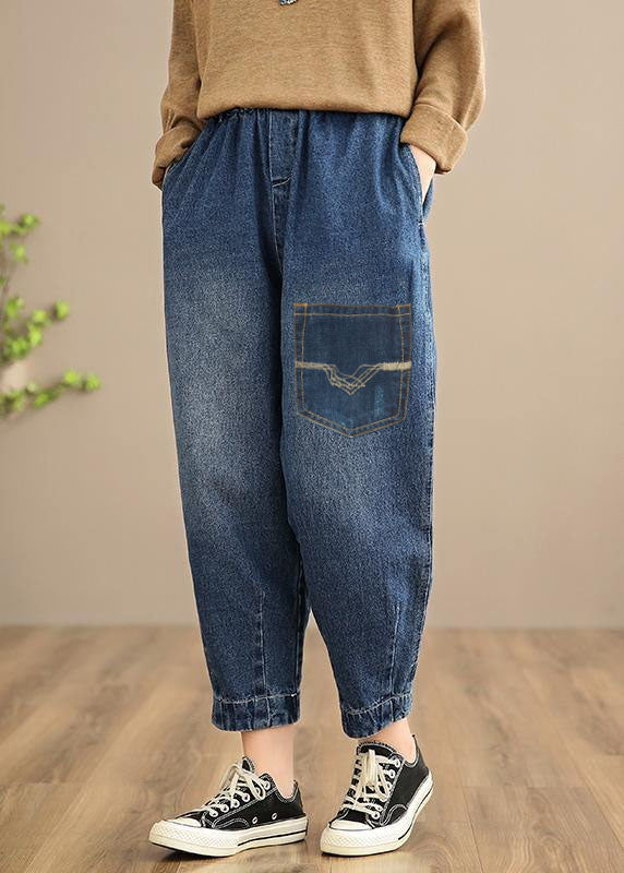 Handmade Spring Casual Pants Oversize Denim Blue Photography Elastic Waist Trousers