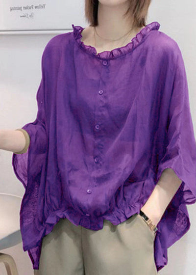 Purple Tops Ruffles Trim Half Sleeve Shirts Blouse Plus Size