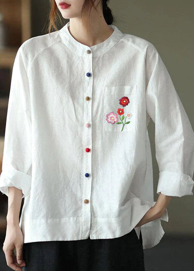 Modern White Loose Patchwork Pockets Fall Long Sleeve Blouse Top