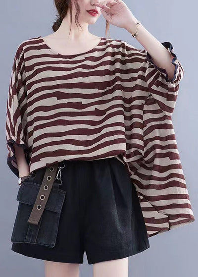 Boutique Chocolate Striped Asymmetrical Patchwork Cotton Top Short Sleeve