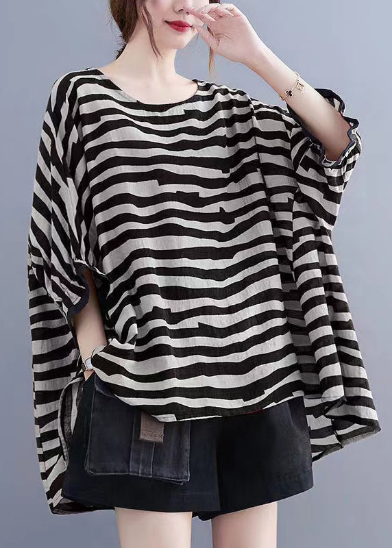 Boutique Chocolate Striped Asymmetrical Patchwork Cotton Top Short Sleeve