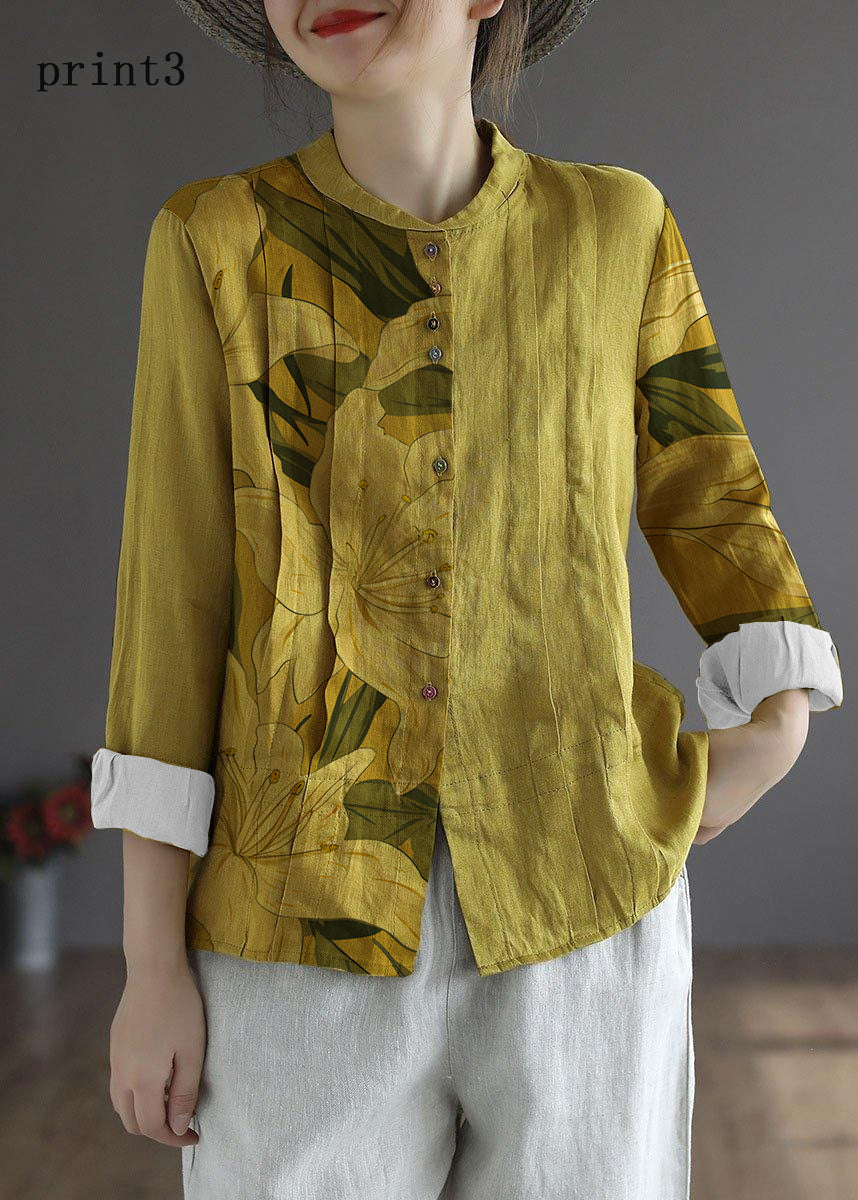Women Yellow Elegant Button Fall Top Long Sleeve Linen