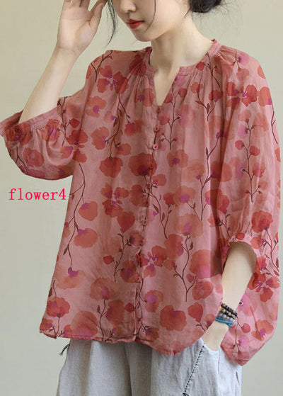 Italian Pink V Neck Button Loose Fall Half Sleeve Blouse Top