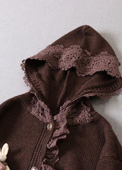 Art Beige hooded Button Pockets Fall Knit Sweaters Coat