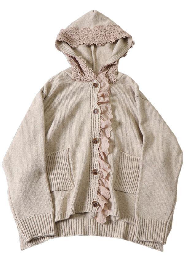 Art Beige hooded Button Pockets Fall Knit Sweaters Coat