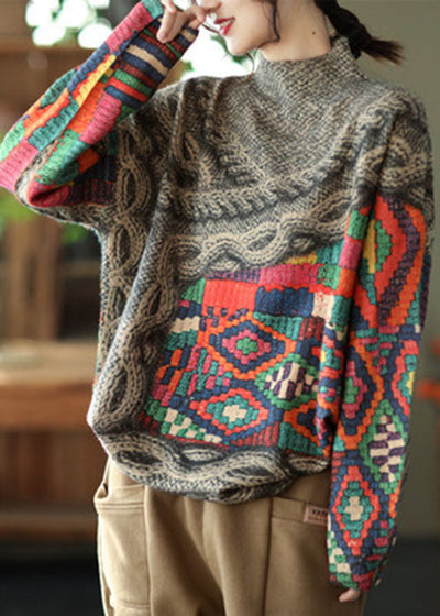 Art High Neck Tie Dye Print Mink Hair Knitted Sweater Tops Winter