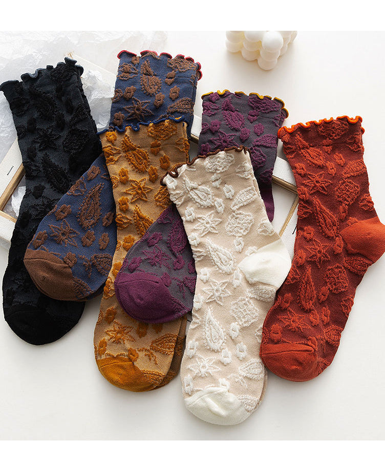 Art Jacquard Ruffled Cotton Mid Calf Socks