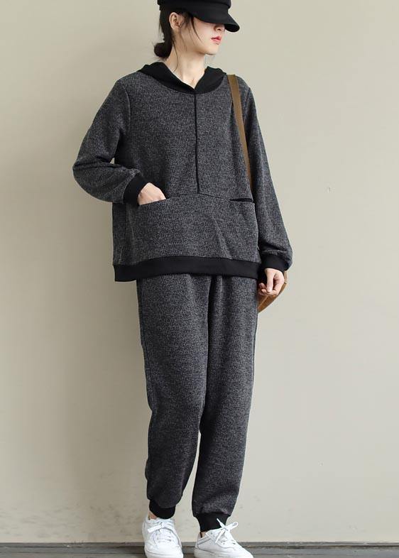 Art Loose Gray Color Matching Hooded Sweater And Elastic Pants Casual Suit