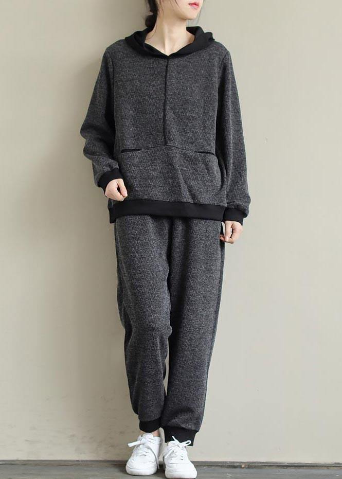 Art Loose Gray Color Matching Hooded Sweater And Elastic Pants Casual Suit