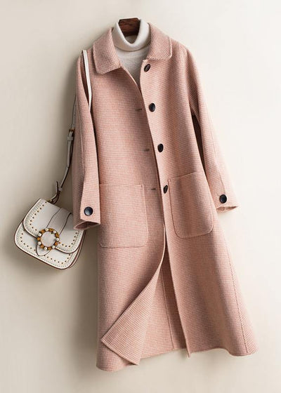 Art Peter pan Collar Button Down fine Woolen Coats Women pink plaid silhouette jackets