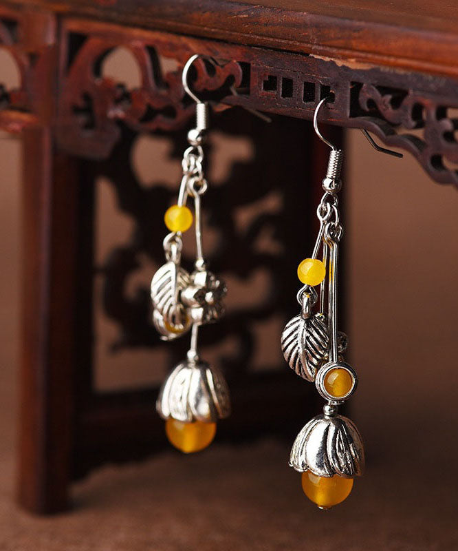 Art Yellow Agate Flower Tassel Silver Drop Earrings