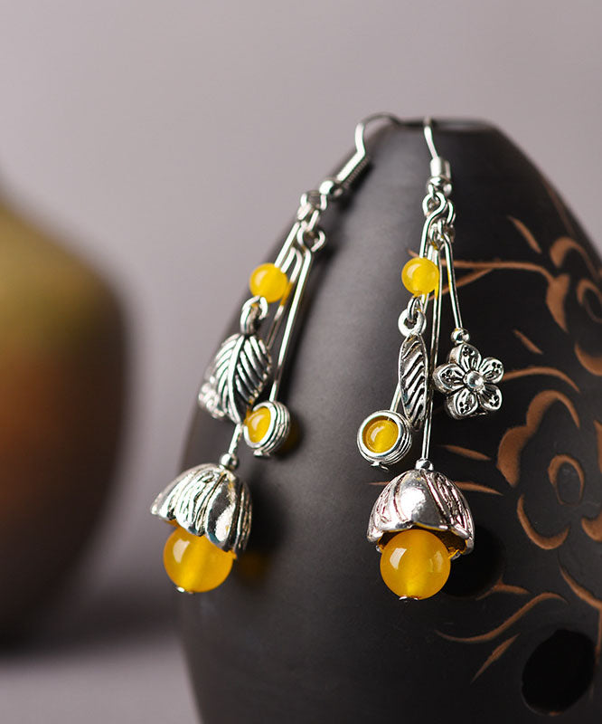 Art Yellow Agate Flower Tassel Silver Drop Earrings