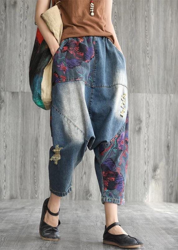 Art cotton clothes Women Casual Printed Frayed Low Crotch Jeans