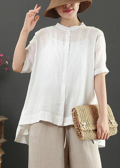 Art white embroidery linen top for women stand collar Midi summer top