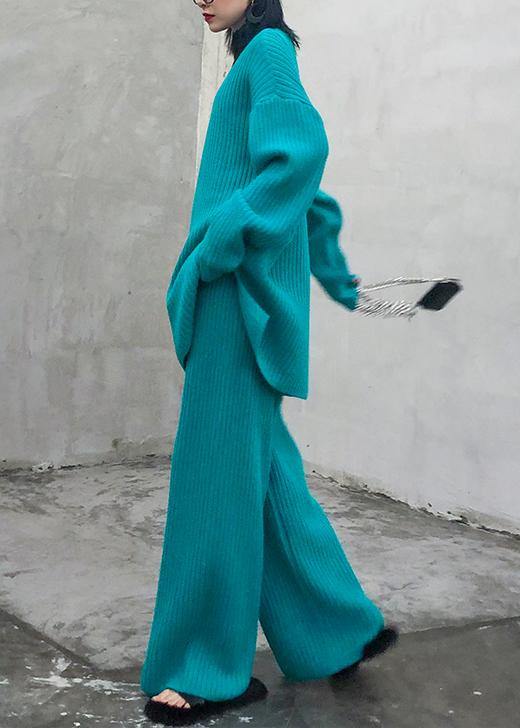 Autumn and winter suit 2021 new women's fashion knitted wide leg pants blue green two piece