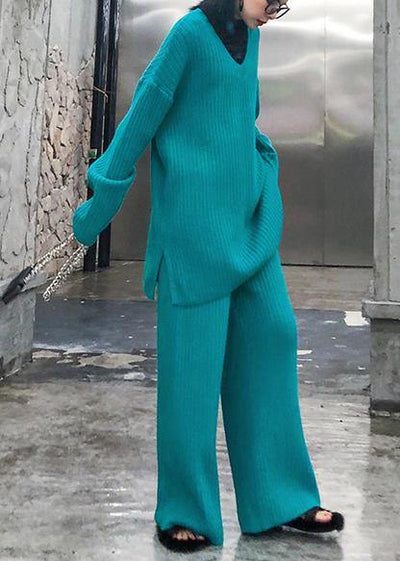 Autumn and winter suit 2021 new women's fashion knitted wide leg pants blue green two piece