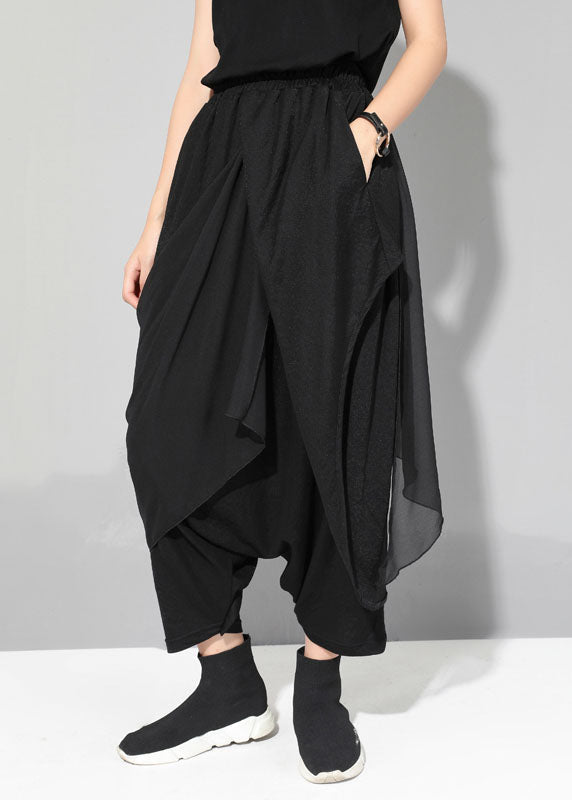Beautiful Black Chiffon Patchwork Asymmetrical Design Casual Fall Pants