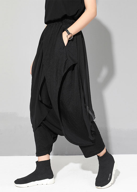 Beautiful Black Chiffon Patchwork Asymmetrical Design Casual Fall Pants