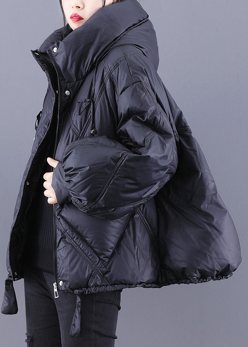 Beautiful Black hooded Loose zippered Warm Winter Duck Down Jacket