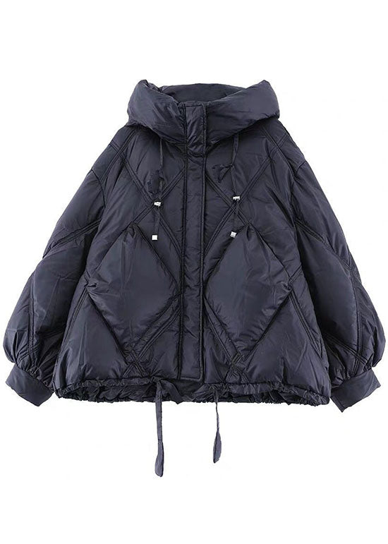 Beautiful Black hooded Loose zippered Warm Winter Duck Down Jacket