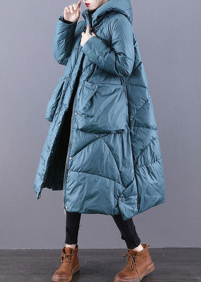 Beautiful Blue-Green Hooded Zippered Oversized Thick Duck Down Puffers Jackets Winter