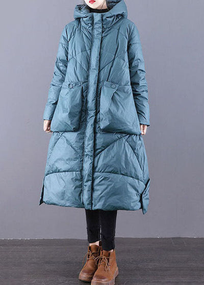 Beautiful Blue-Green Hooded Zippered Oversized Thick Duck Down Puffers Jackets Winter