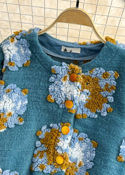 Beautiful Blue O-Neck Fluffy Floral Button Knit Sweaters Spring