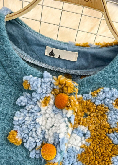 Beautiful Blue O-Neck Fluffy Floral Button Knit Sweaters Spring