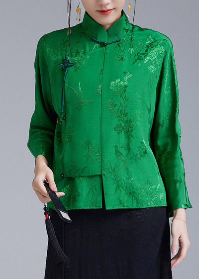 Beautiful Green Stand Collar Jacquard Diagonal Button Silk Top Long sleeve