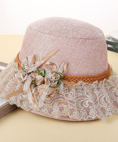 Beautiful Pink Lace Patchwork Floral Linen Floppy Sun Hat