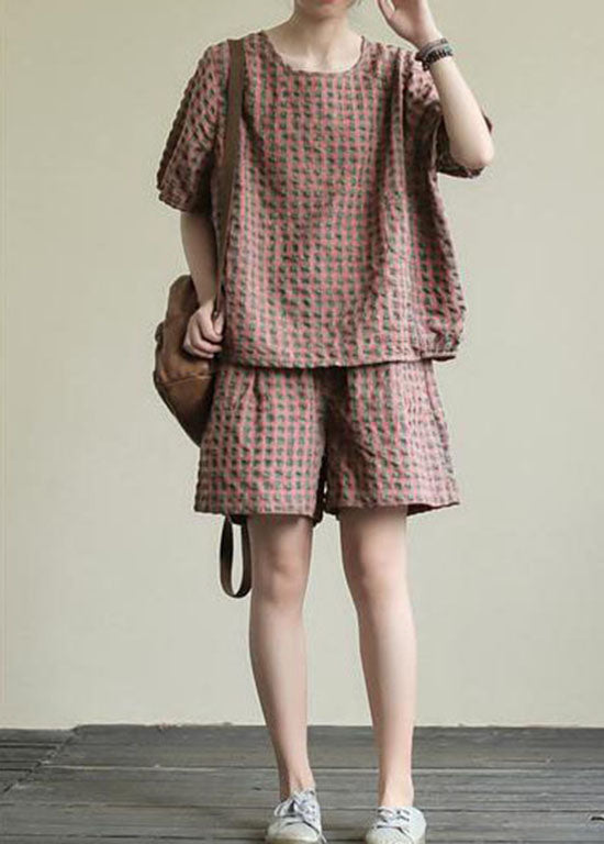 Beautiful Pink Plaid Patchwork Tops And Shorts Cotton Two Piece Suit Summer