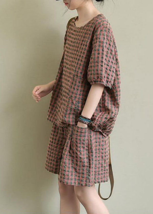 Beautiful Pink Plaid Patchwork Tops And Shorts Cotton Two Piece Suit Summer