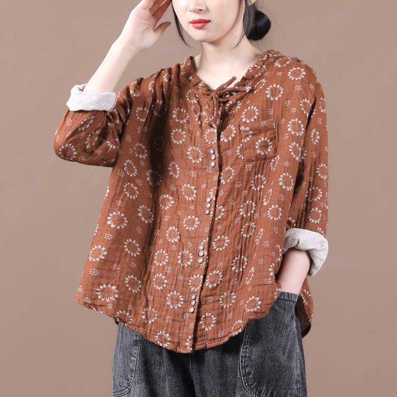 Beautiful brown print top silhouette o neck Button Down Dresses blouses