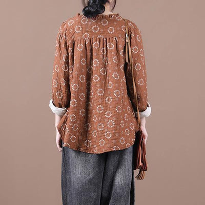 Beautiful brown print top silhouette o neck Button Down Dresses blouses