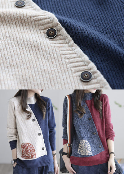Beige Blue Print Loose Knitted Tops button Spring