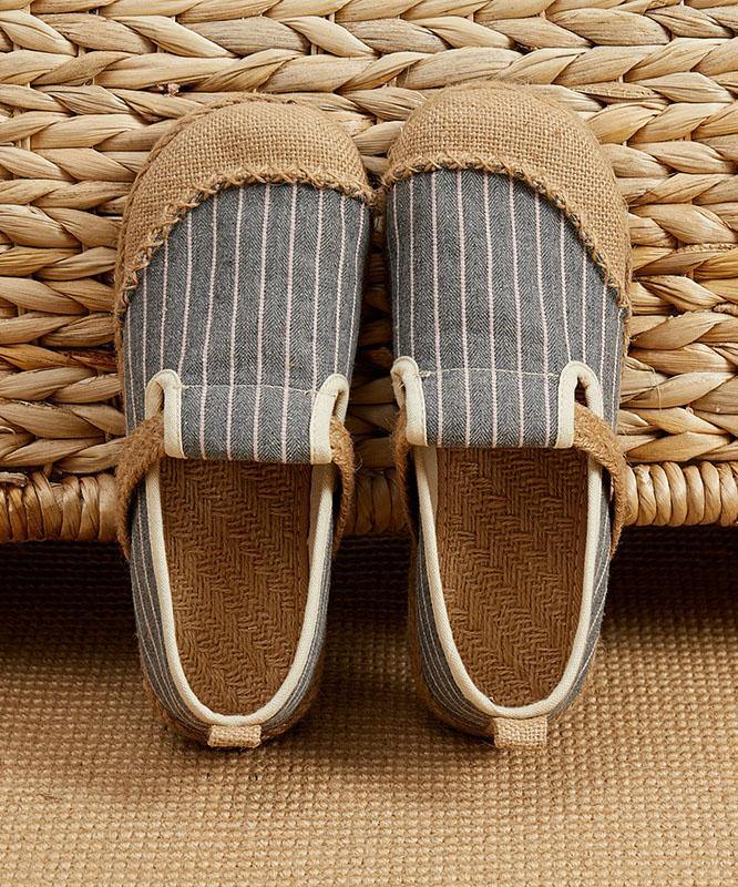 Beige Striped Cotton Linen Flat  Flat Shoes For Women