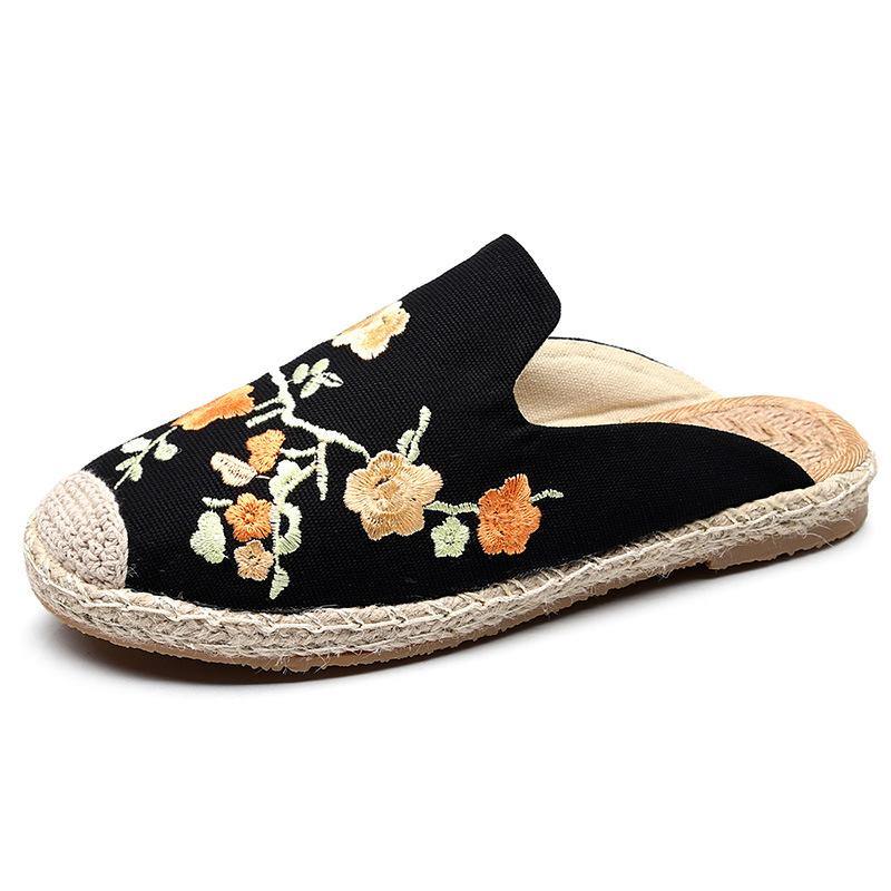 Black Embroideried Cotton Fabric Slippers Shoes
