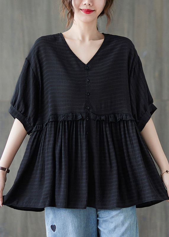 Black Loose Tanks Top Button Cinched Short Sleeve