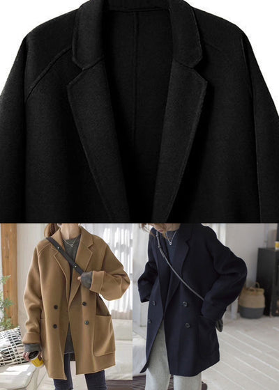 Black Notched Button Solid Woolen Coats Fall