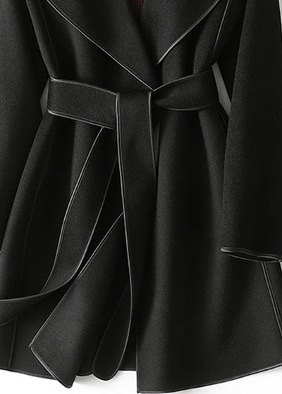 Black Notched Tie Waist Woolen Coats Fall